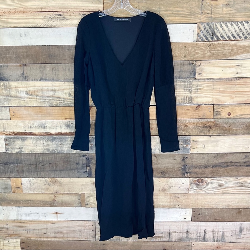 Sally Lapointe Black Long Sleeve V Neck Dress Elastic Waist Size 4